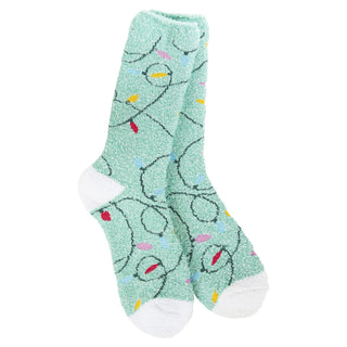 Light green World's Softest women's socks with Christmas lights design. 
