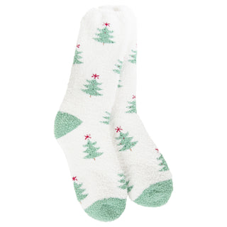 World's Softest women's sock with green Christmas tree pattern on a white background