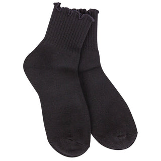 A pair of World's Softest black ribbed ankle socks with ruffled trim at the top, displayed against a plain white background.