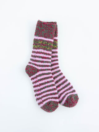 World's Softest striped socks with pink and green pattern on a white background