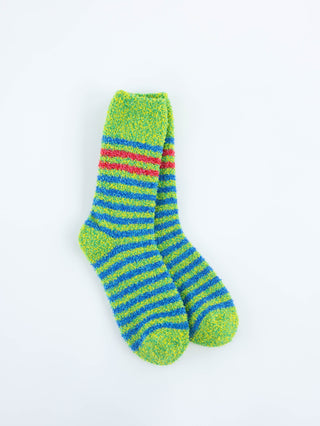 A pair of World's Softest fuzzy, textured knit socks featuring lime green, blue, and red horizontal stripes, displayed against a plain white background.