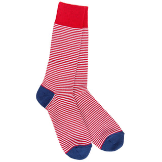A pair of 1902 crew socks with red and white horizontal stripes, featuring a solid red cuff, navy blue heels, and navy blue toes, shown against a plain white background.