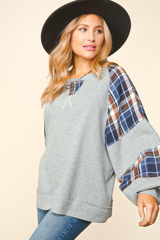 Thermal Knit Plaid Sleeve Top