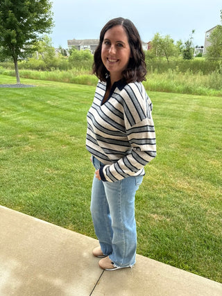 Nina Sweater | Women's Collared V-Neck Striped Knit Sweater