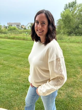 Marietta Top | Women's Embroidered Sleeve Round Neck Long Sleeve Top