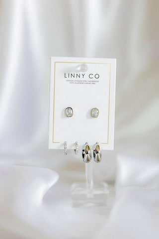 New York CZ Stud & Huggie Hoop Silver Tone Earring Set