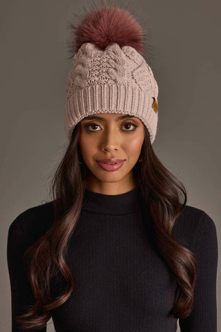 Light Pink Cable Knit Hat with Dark Pink Pom
