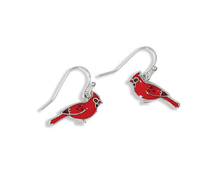 A pair of silver fishhook earrings featuring red cardinal bird charms with black and white enamel details, shown on a plain white background.