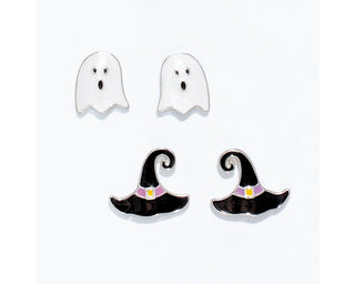 Women's Ghost & Witch Hat Enamel Stud Earrings Set