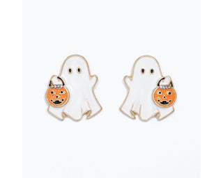 A pair of white ghost-shaped earrings with gold-tone outlines, each holding an orange jack-o'-lantern bucket, shown on a plain white background.