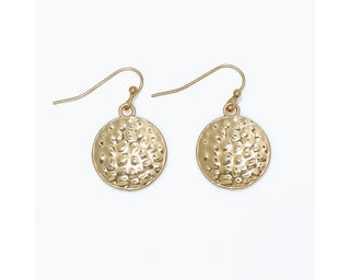 Hammered gold coin drop earrings with French wire closure and textured disc pendant
