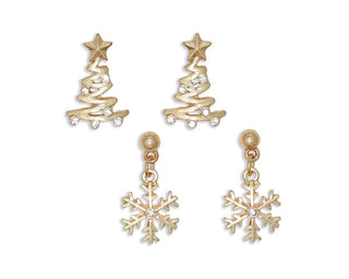 Gold-christmas-tree-snowflake-earrings-set-of-2