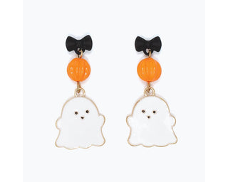 A pair of Halloween-themed dangle earrings featuring white ghost charms with gold trim, orange pumpkin beads, and black bow tops, shown against a plain white background.