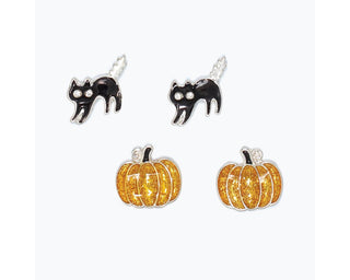 Halloween Earring Duo Set - Scaredy Cat & Glitter Pumpkin Studs