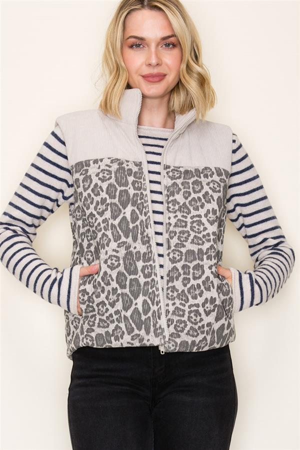 Animal Print Contrast Corduroy Puffer Vest