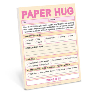 Notepad titled 'Paper Hug' with various options and text on a white background