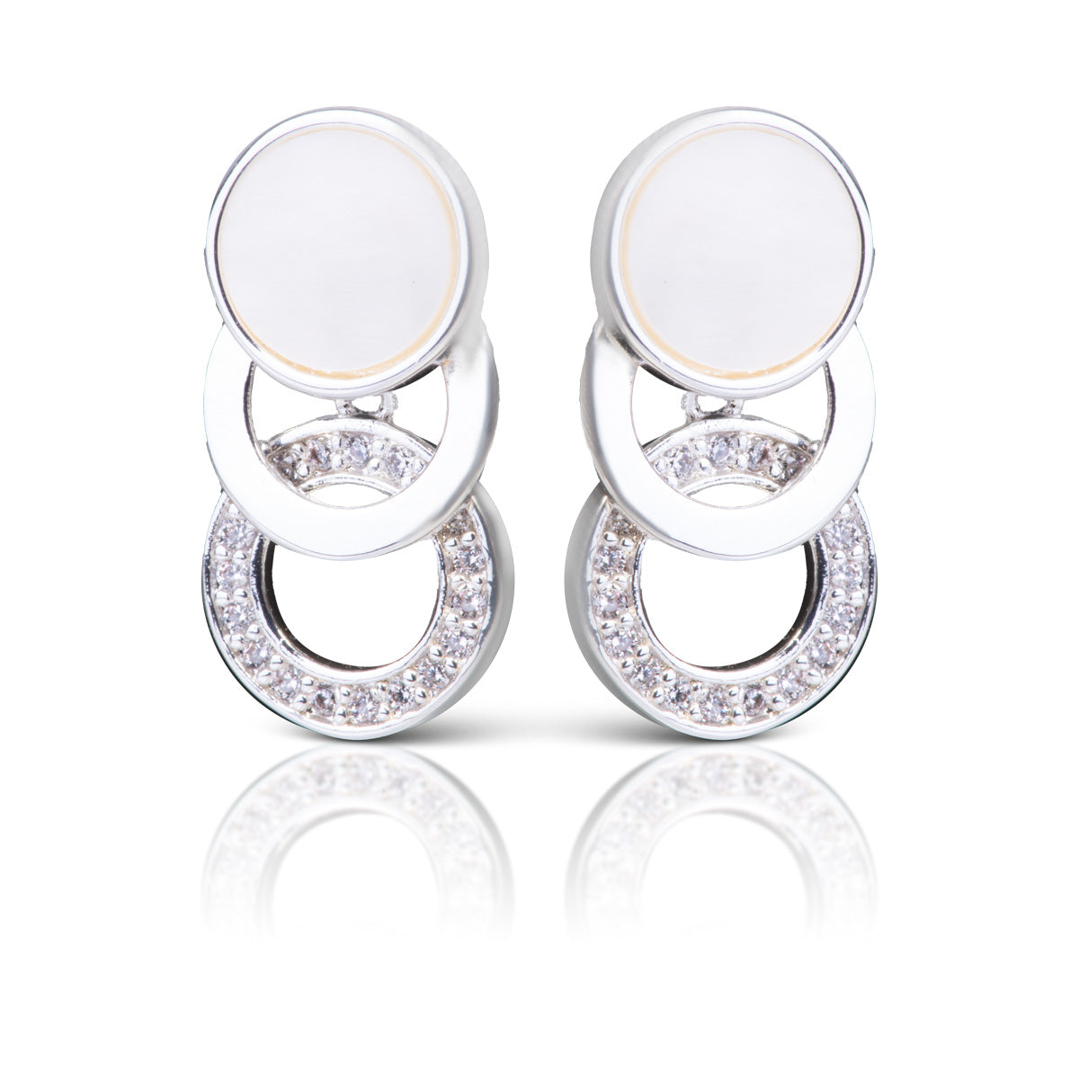 CZ Mother of Pear Disc Ring Earrings - Silver