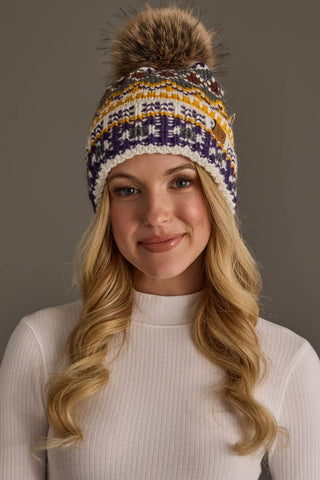 Women's Ivory, Purple & Gold Patterned Pom Beanie