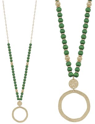 Green Wood Beaded Necklace w/ Gold Circle