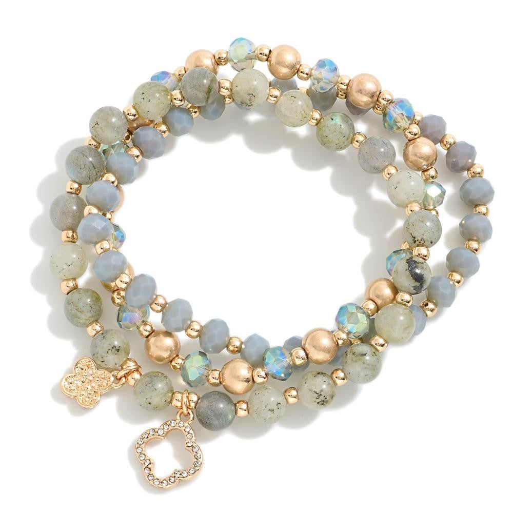 Beaded Stretch Bracelet Set Featuring Clover Charms