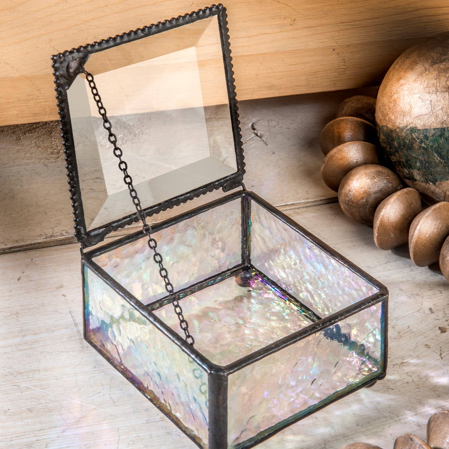 Clear Iridescent Stained Glass Jewelry Box Keepsake Box