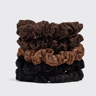 Ruched Lace Scrunchie 5-Pack — Black, Chocolate & Mocha