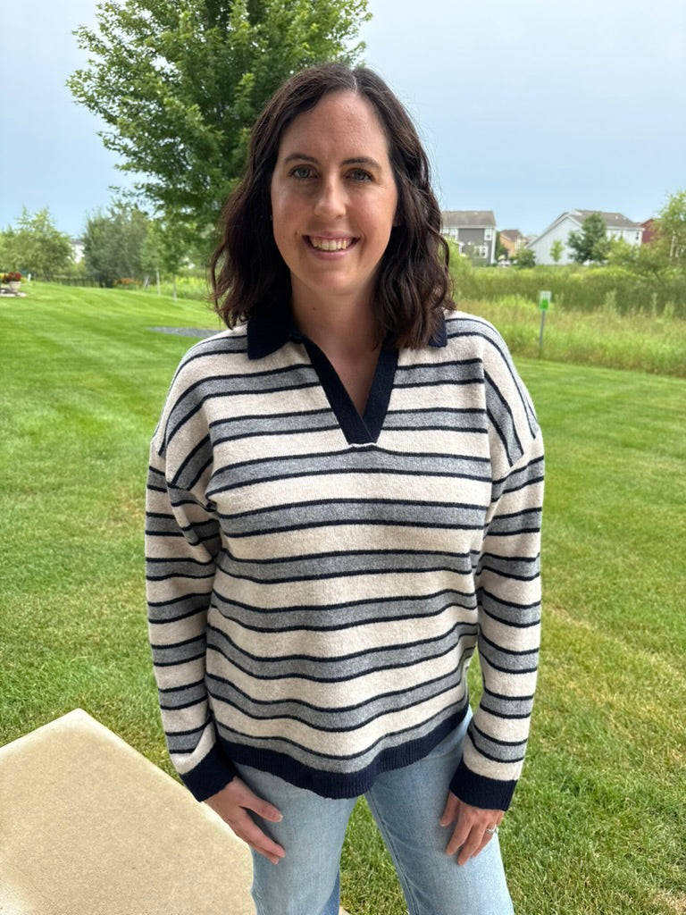 Nina Sweater | Women's Collared V-Neck Striped Knit Sweater