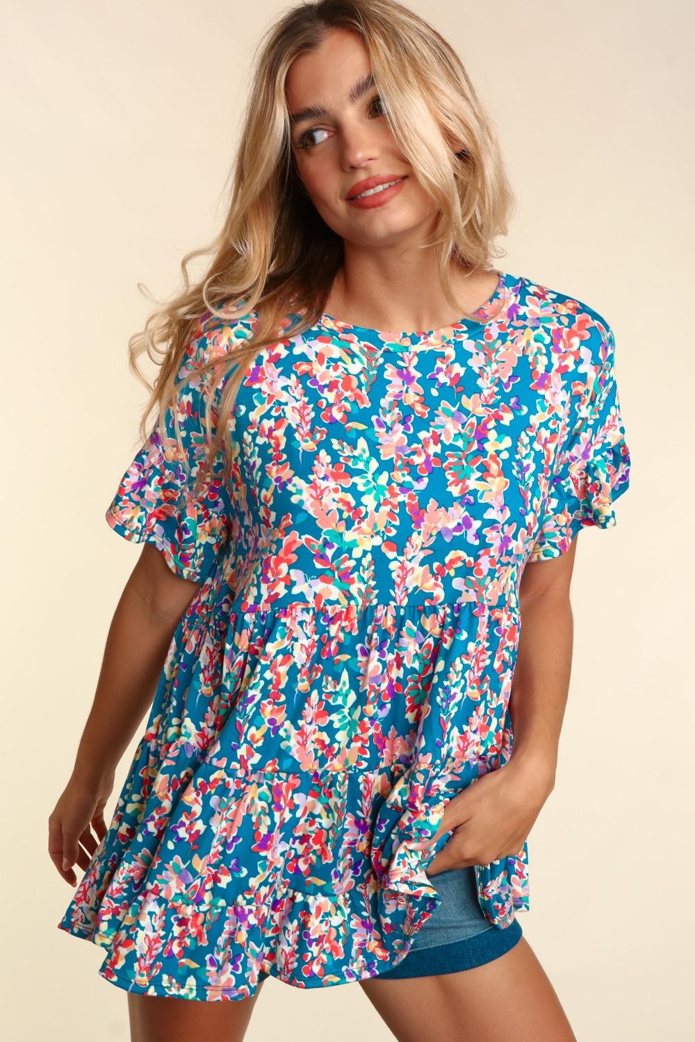 Tiered Ruffled Dolman Sleeve Floral Top