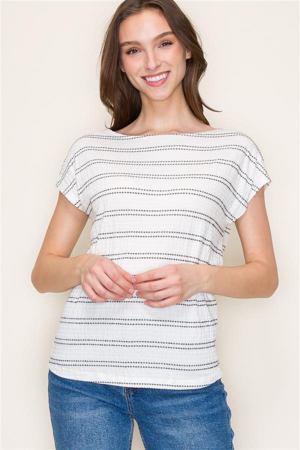 Wide Neck Emboss Striped Top
