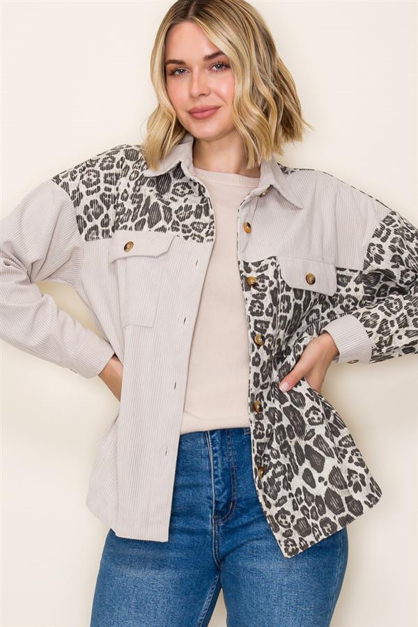 Animal Print Blocked Corduroy Shacket