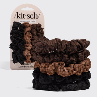 Ruched Lace Scrunchie 5-Pack — Black, Chocolate & Mocha