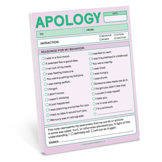 Apology slip pad with pre-printed reasons for behavior on a white background
