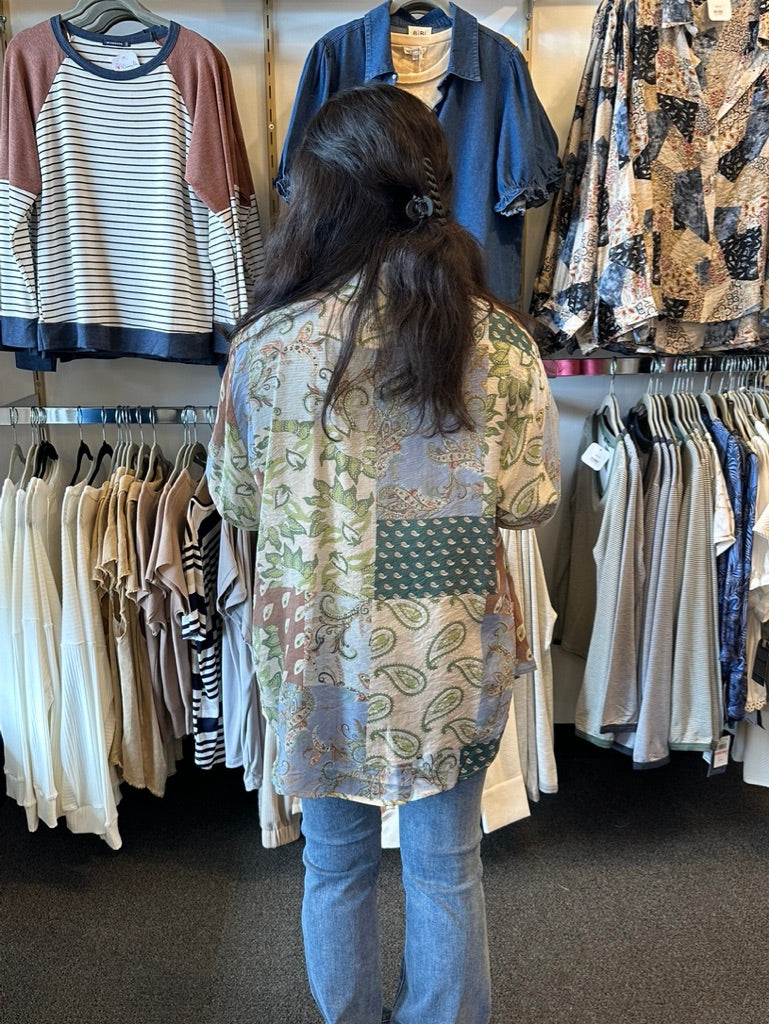 Multi Patterned Oversized Button Down Top