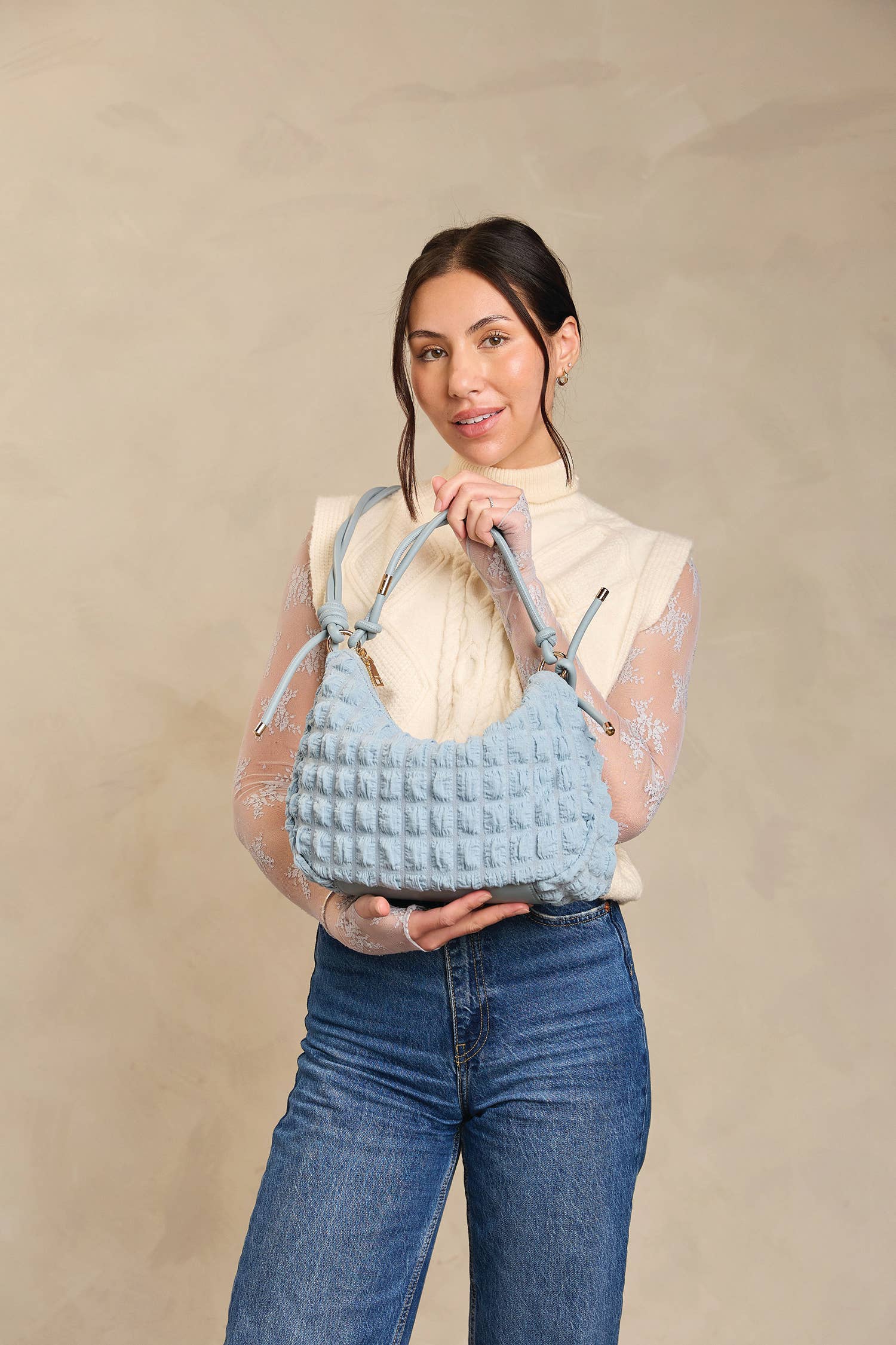 Nelly Quilted Puffy Shoulder Bag w/ Knotted Strap