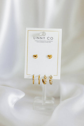 Denver Heart Stud & CZ Huggie Hoop Gold Tone Earring Set