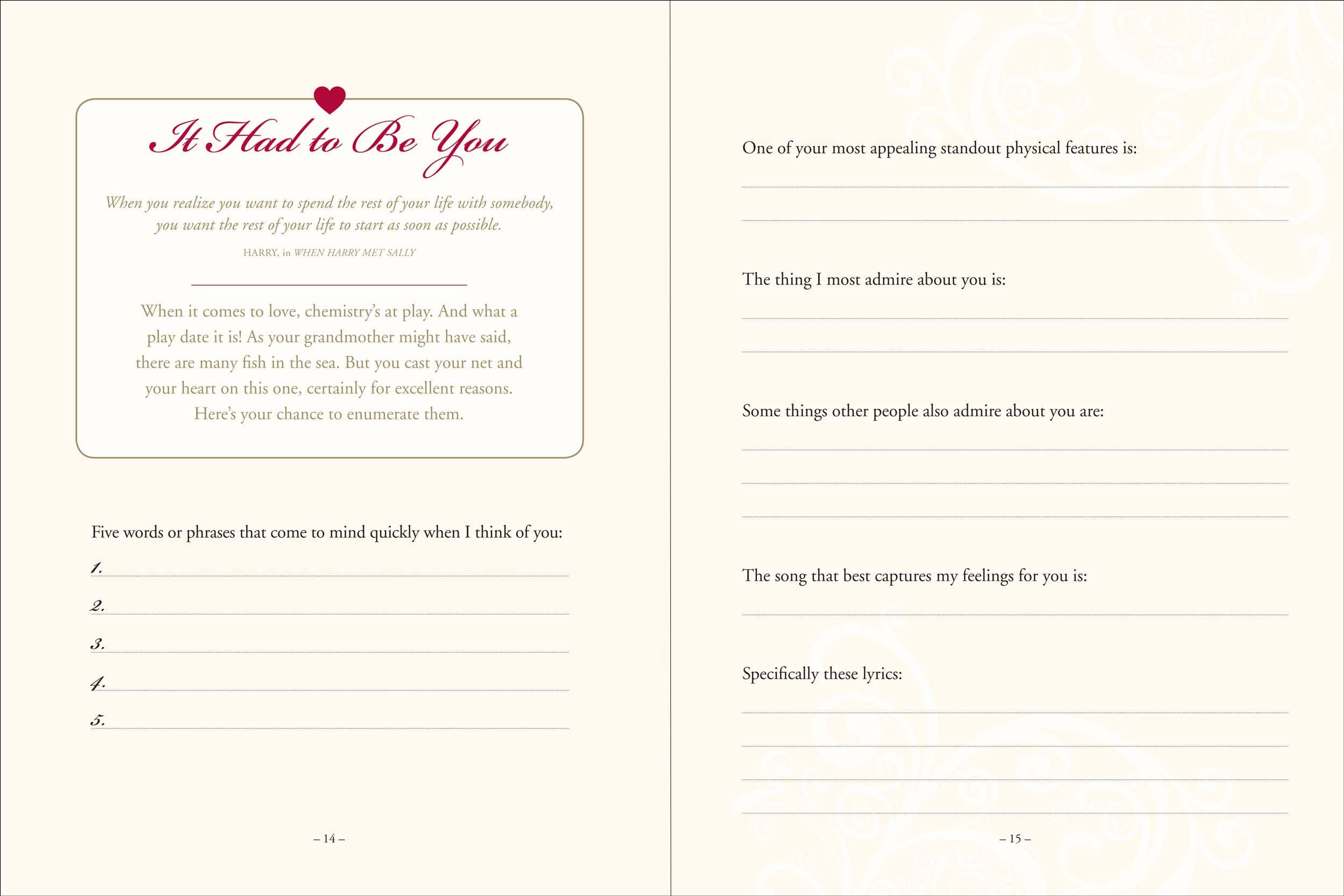 Interior spread of Why I Love You journal showing "It Had to Be You" chapter with prompts including "Five words that come to mind when I think of you," "The thing I most admire about you," and "The song that best captures my feelings for you"
