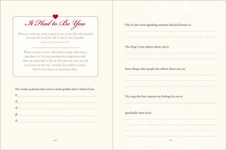 Interior spread of Why I Love You journal showing "It Had to Be You" chapter with prompts including "Five words that come to mind when I think of you," "The thing I most admire about you," and "The song that best captures my feelings for you"