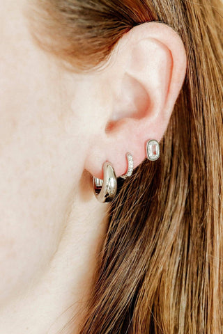 New York CZ Stud & Huggie Hoop Silver Tone Earring Set