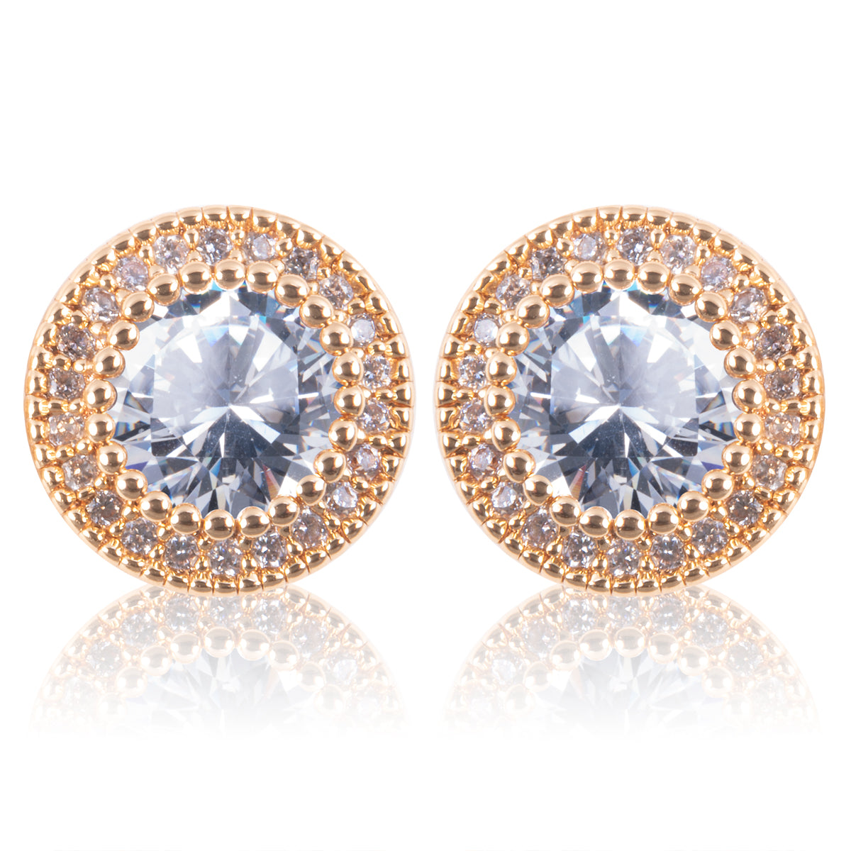 CZ Round Halo Stud Earrings - Gold