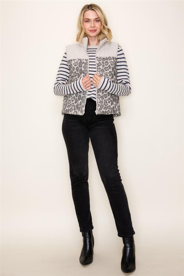 Animal Print Contrast Corduroy Puffer Vest