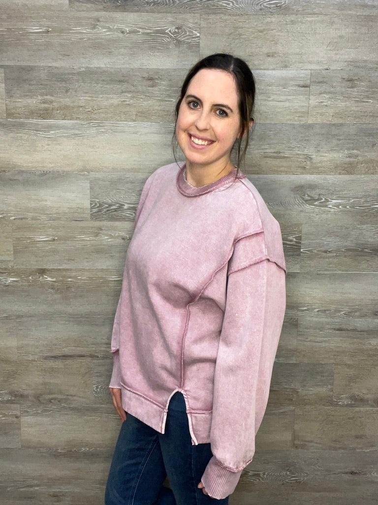 Acid Wash Exposed-Seam Fleece Sweatshirt