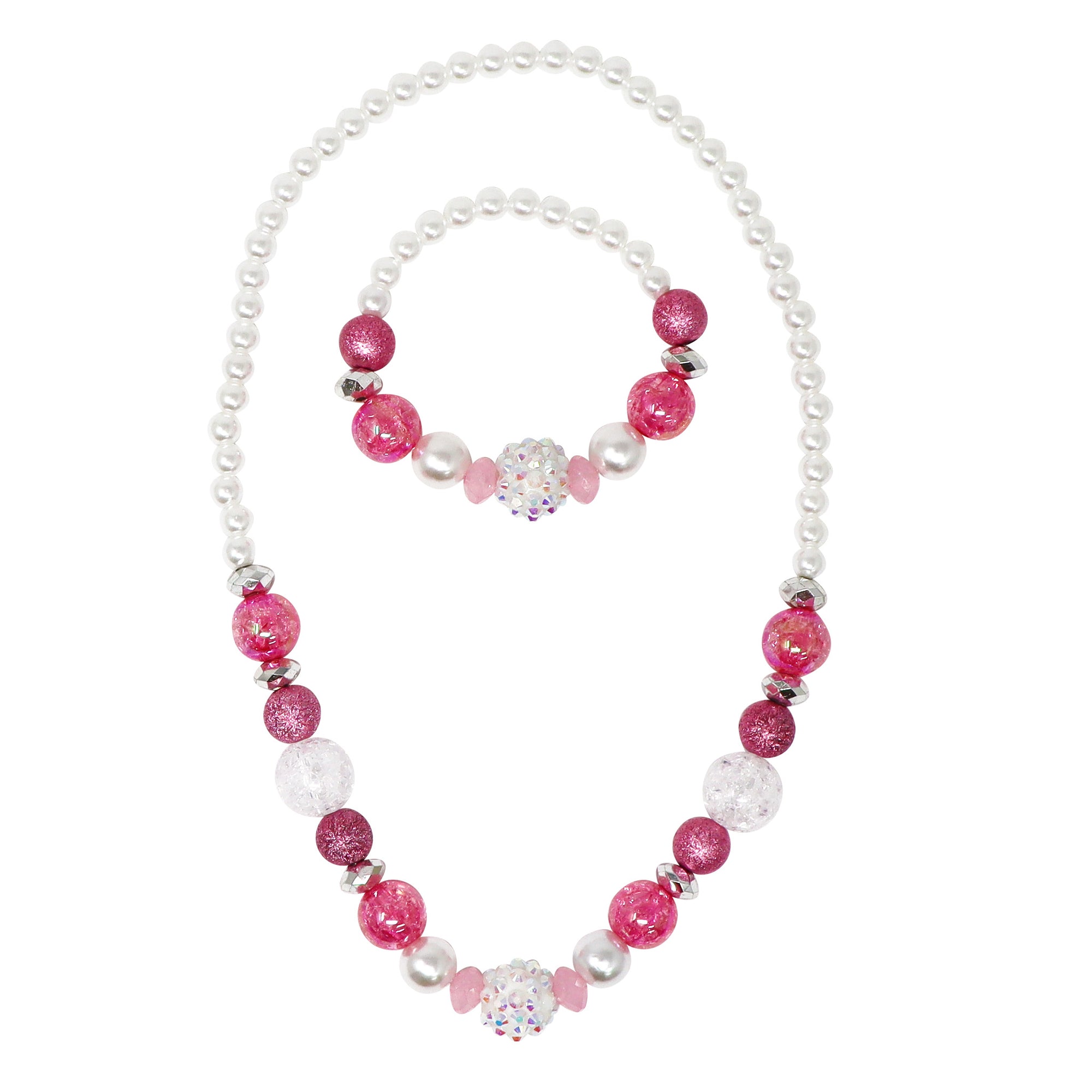 Sparkly Pink & Pearl Necklace & Bracelet Set