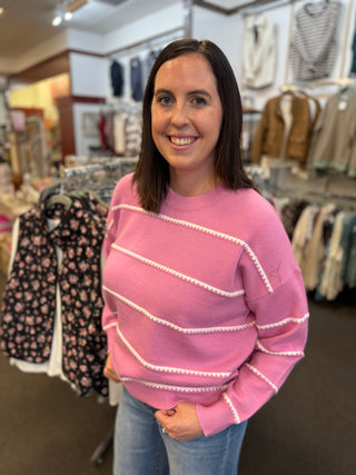 Women's Blanket Stitch Striped Crew Neck Sweater