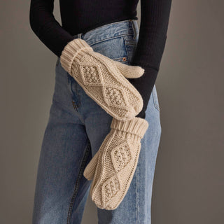 Fleece-Lined Cable Knit Mittens - Beige