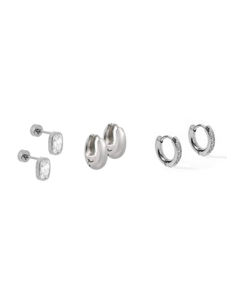 New York CZ Stud & Huggie Hoop Silver Tone Earring Set