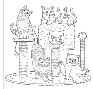 Coloring page featuring several cats interacting with a cat tree and scratching posts.