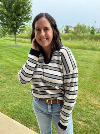 Nina Sweater | Women's Collared V-Neck Striped Knit Sweater