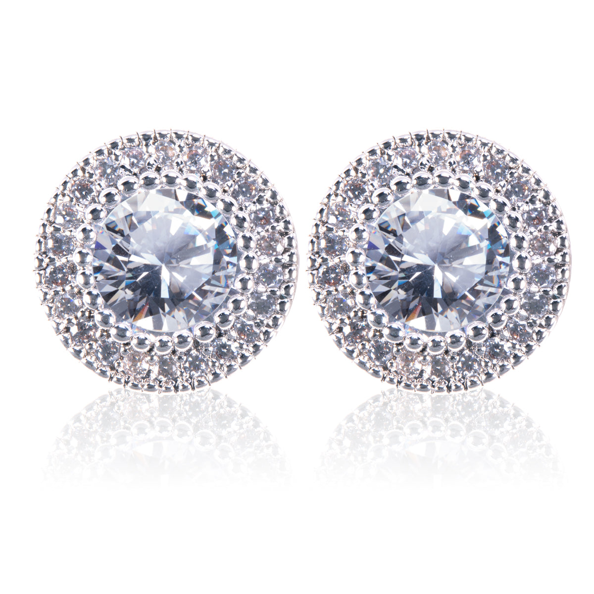 CZ Round Halo Stud Earrings - Silver