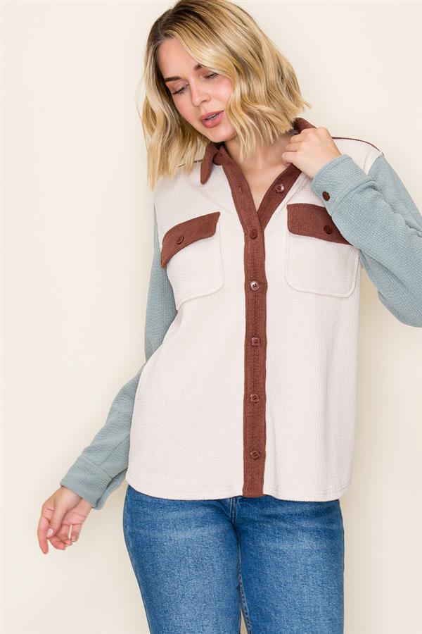 Color Blocked Knit Corduroy Shacket