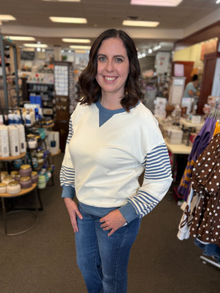 Women's Blue Striped Color Block Sweatshirt